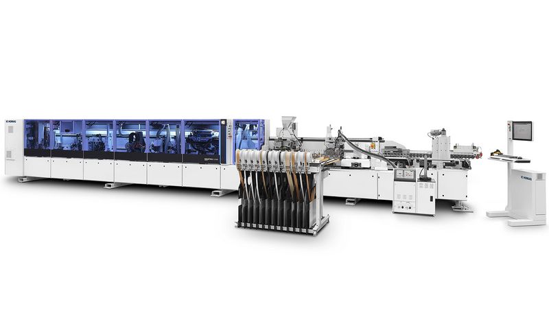 封邊機 EDGETEQ S-500 profiLine 在工件封邊過程中發(fā)揮其強項，自動化系統(tǒng)則在 LIGNA 展會上保證在適當(dāng)?shù)臅r刻提供用于封邊的正確材料。